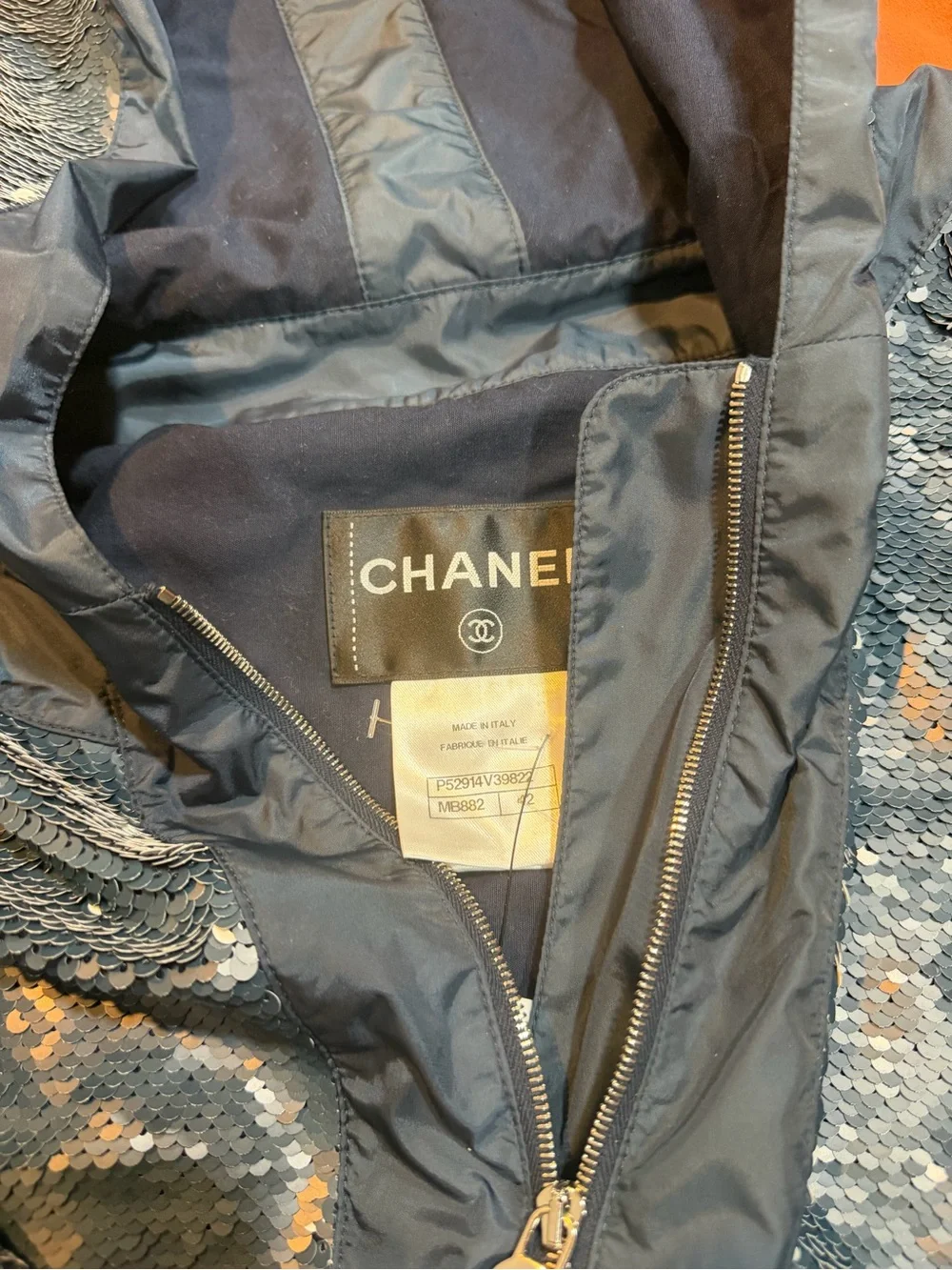 CHANEL Navy Sequin Hooded Zip Jacket with Silver Accents - Picture 7 of 9